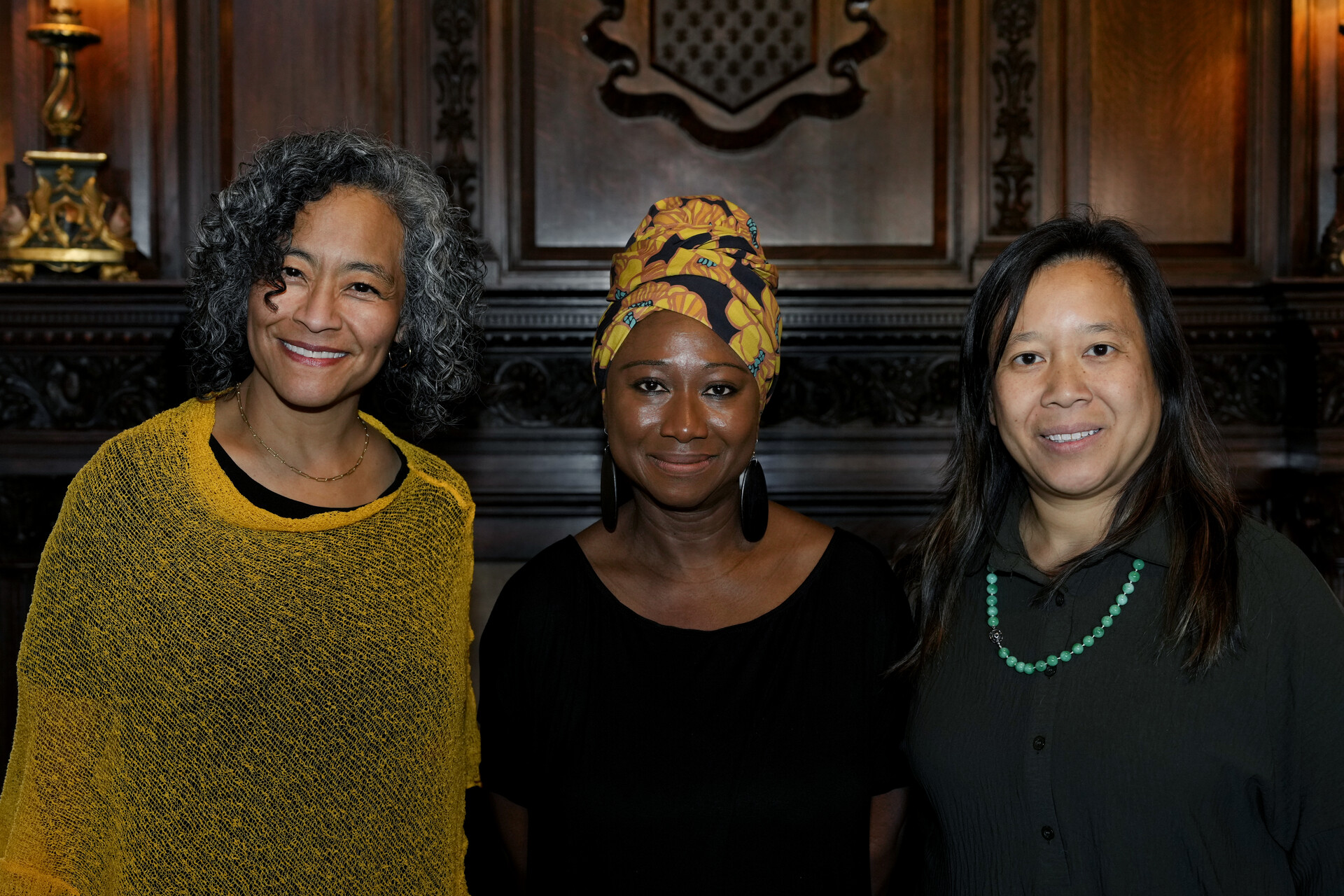 President L. Song Richardson, newly-tenured faculty member Nene Diop, and Dean Emily Chan at a celebratory dinner on April 11 at Stewart House.  Photo by Jamie Cotten / Colorado College