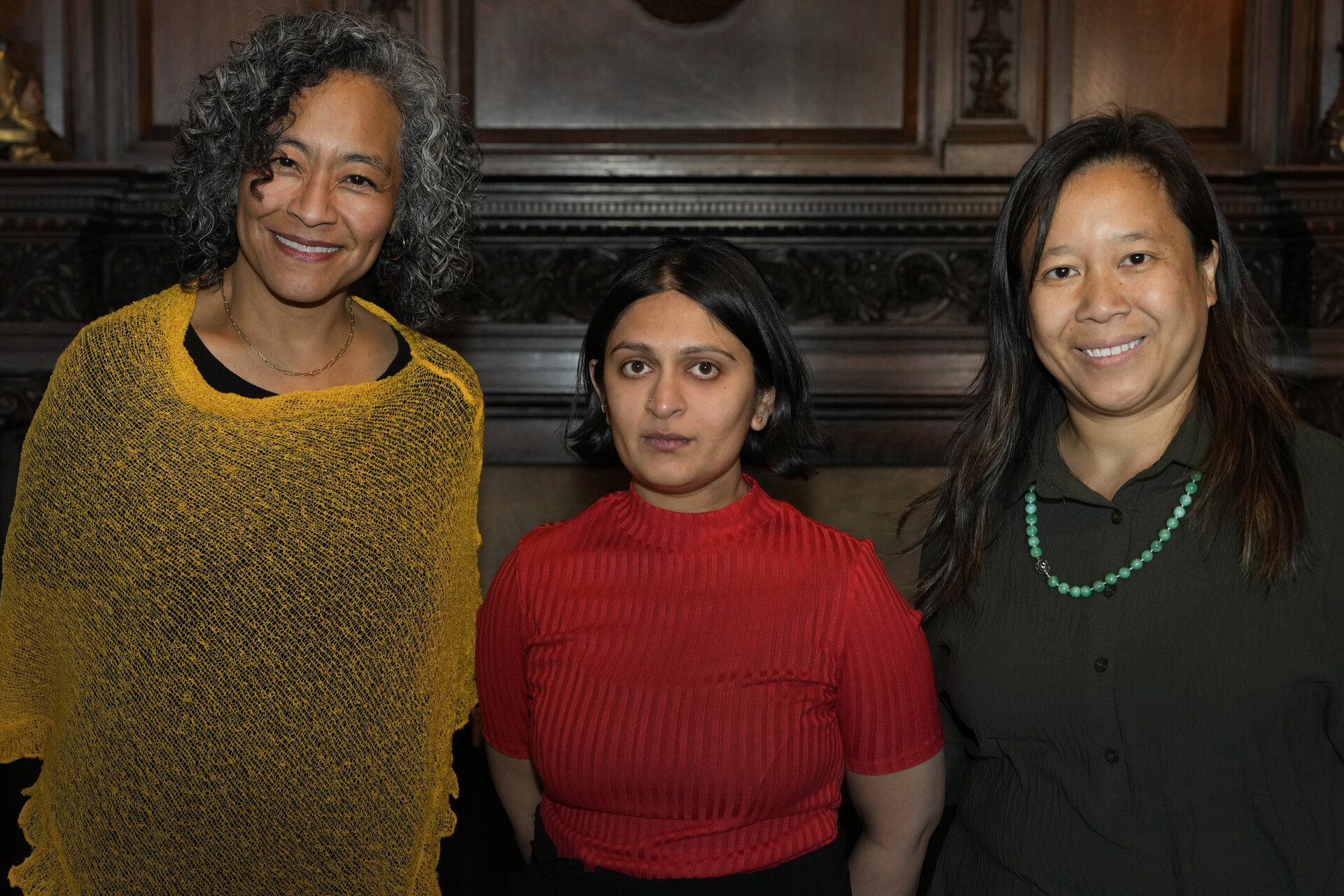 President L. Song Richardson, newly-tenured faculty member Pallavi Sriram, and Dean Emily Chan at a celebratory dinner on April 11 at Stewart House.  Photo by Jamie Cotten / Colorado College