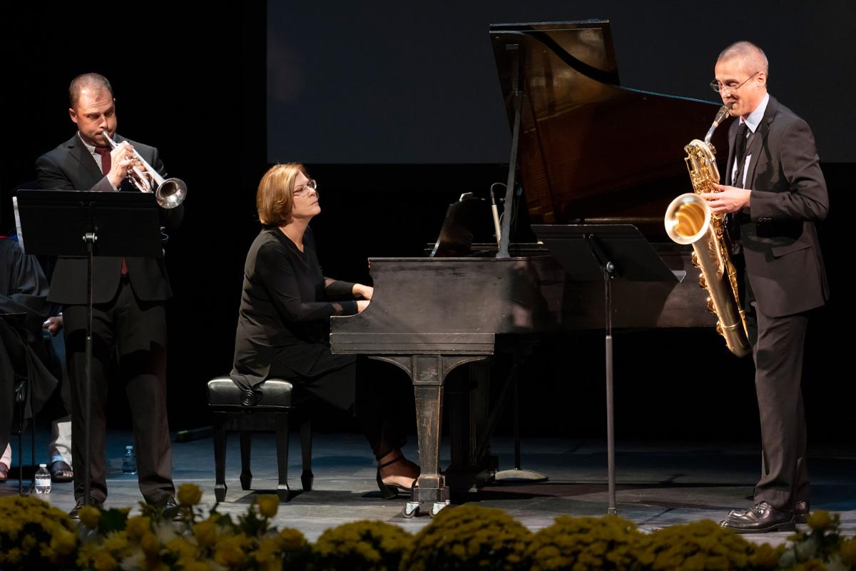 Inaugural Fanfare, "Jubilation" by Ofer Ben-Amots and performed by (left to right)  Benjamin Paille, Susan Grace and Ricky Sweum, during the Inauguration of L. Song Richardson, the 14th President of Colorado College on Monday, 8/29/22. Photo by Lonnie Timmons III / Colorado College.
