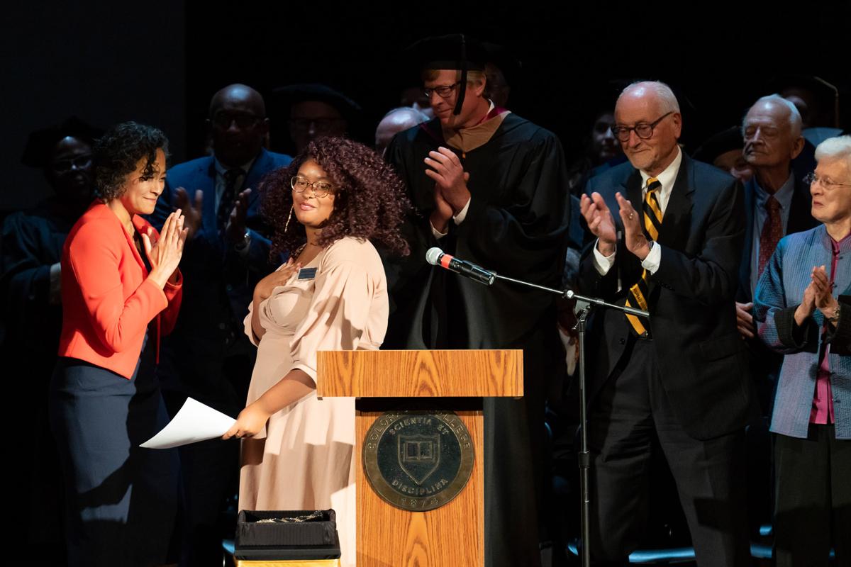 Poet Laureate of the Pikes Peak Region, Ashley Cornelius performed the Inaugural Poem during the Inauguration of L. Song Richardson, the 14th President of Colorado College on Monday, 8/29/22. Photo by Lonnie Timmons III / Colorado College.