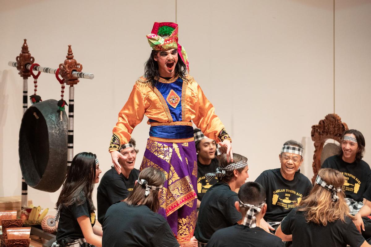 The class titled 'Performing Hindu Epics' taught by music professor Made Lasmawan performing for the wider community in Packard hall. Photo by Mila Naumovska / Colorado College