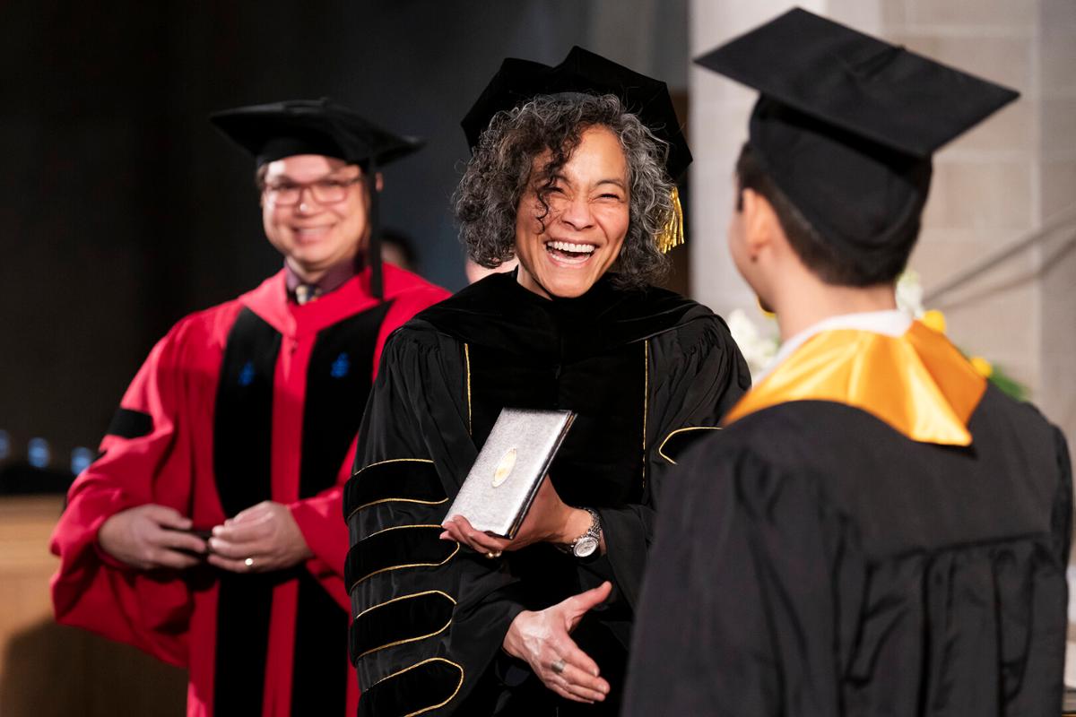 President Richardson during 2022 Winter Commencement: ceremony, students crossing the stage and receiving diplomas, remarks from Song and speakers onstage, students celebrating/interacting with families and each other following the ceremony on Sunday, 12/18/22. Photo by Lonnie Timmons III / Colorado College.