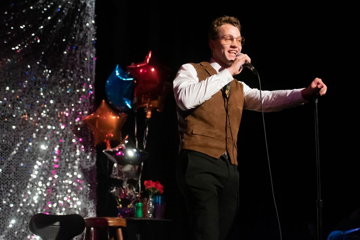 Owen Rask '24 performs at Sunbutter, the stand-up, student-run, comedy club on campus on Friday, April 7th, 2023 at Taylor Theater. Photo by Erin Mullins ‘24 / Colorado College.