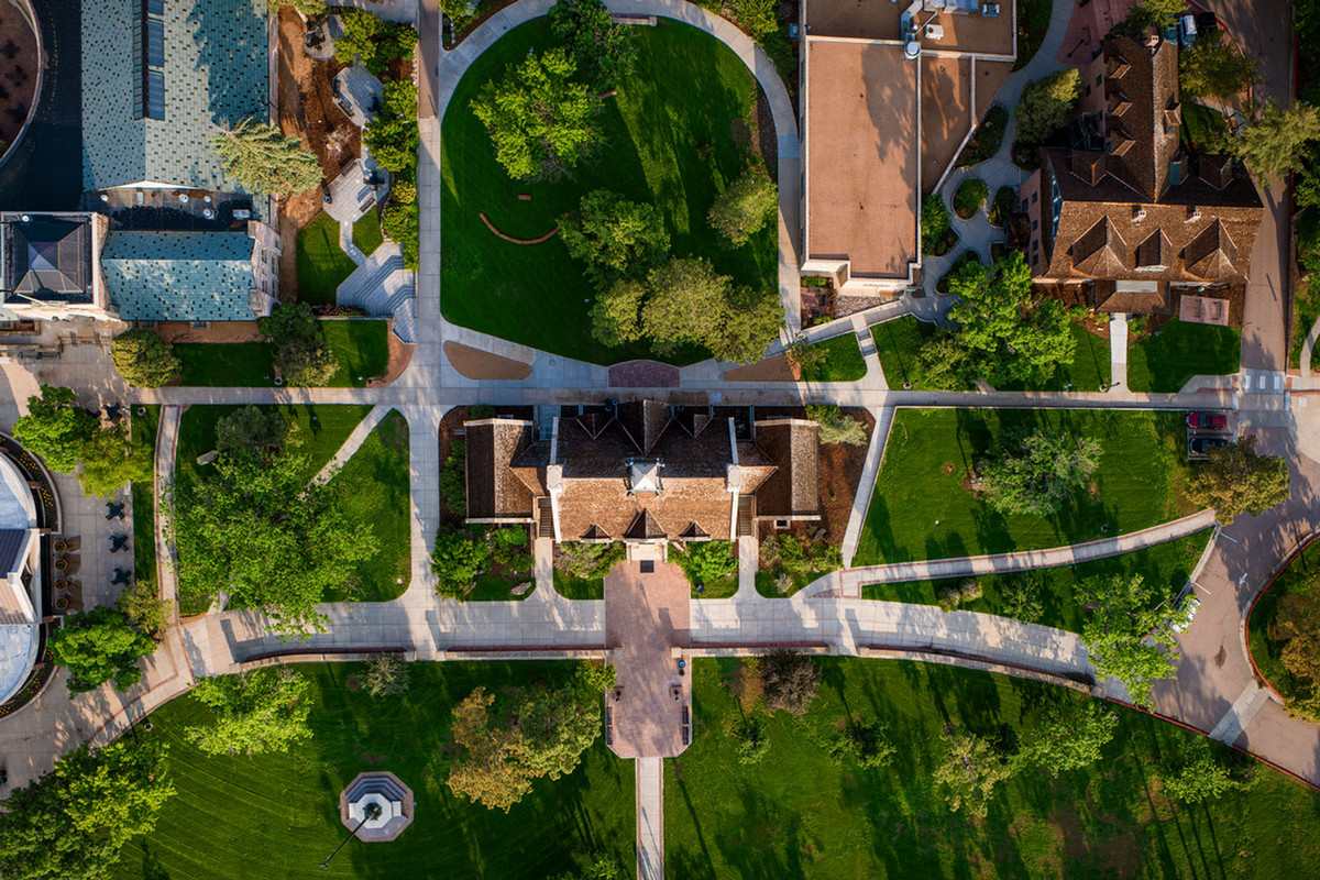 Cutler Hall, Worner Quad, and Cutler Quad photographed by drone on 6/14/23.