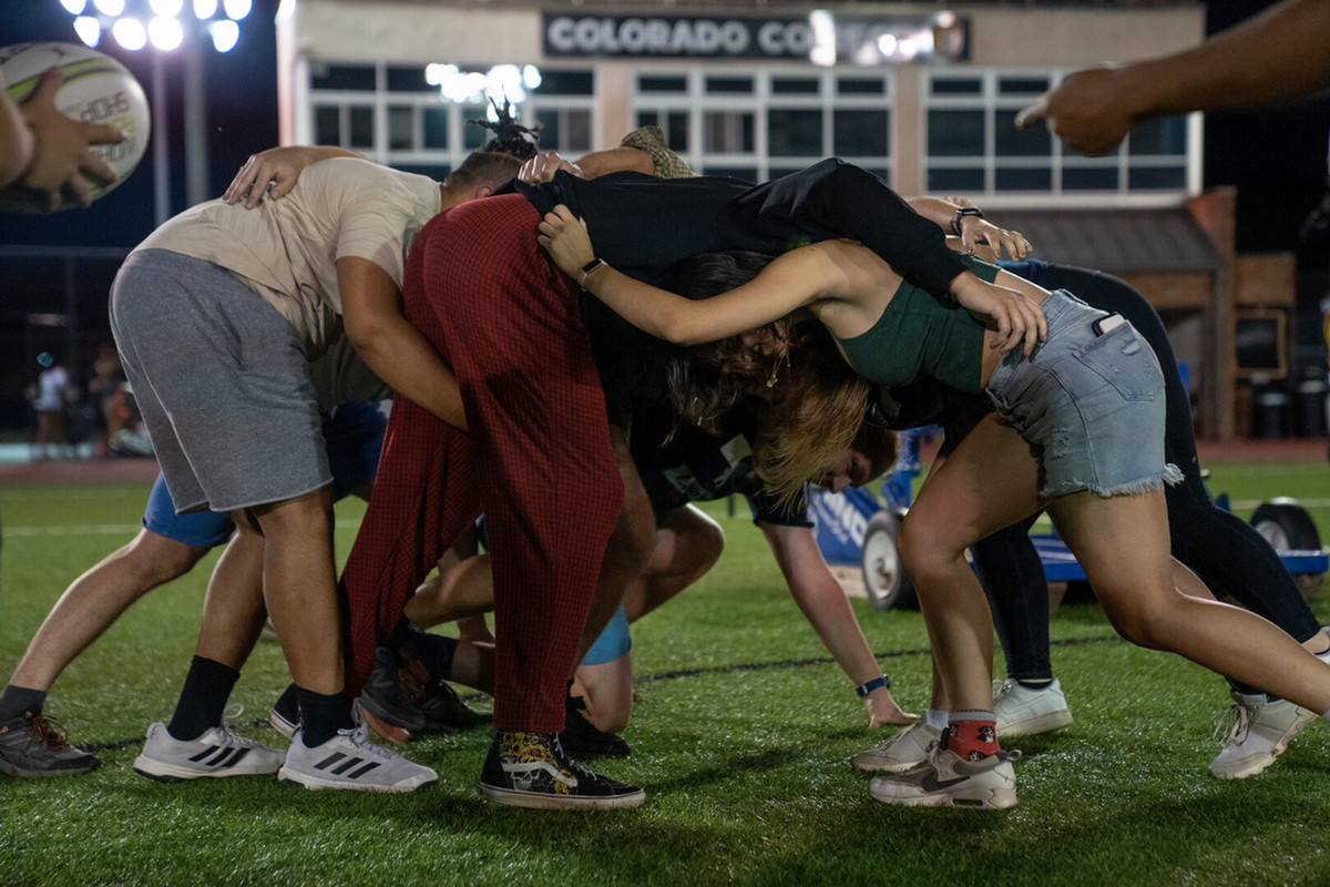 The Rugby team participating in Get Active with Athletics organised by NSO where they explore different sports offered on campus on Washburn Field, on Tuesday, 08/22/23. Photo by Mila Naumovska '26 / Colorado College.
