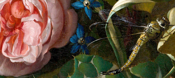 Detail of the painting "Convolvulus, Poppies, and other Flowers in an Urn on a Stone Ledge"