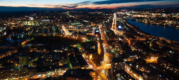 Aerial view of a city at night