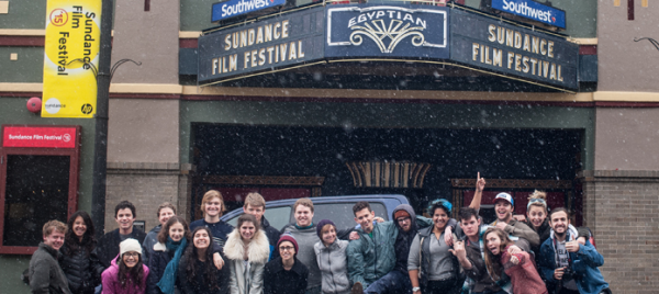 Photo of a class in front of the Egyptian Theatre in Park City, Utah.