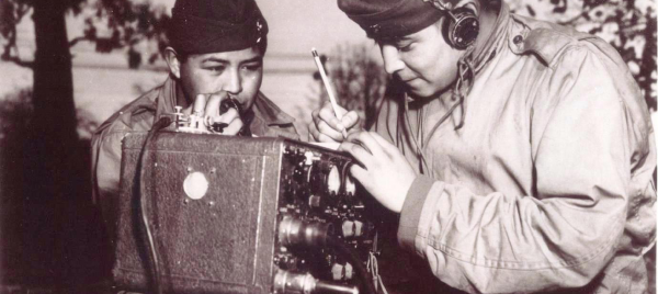Black and white photo of Navajo code talkers