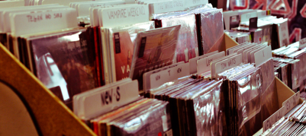 Photo of vinyl record album bins
