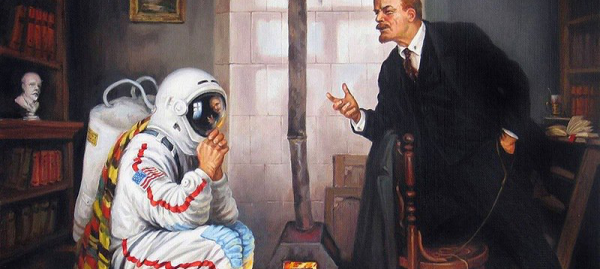 Illustration of an astronaut and Lenin
