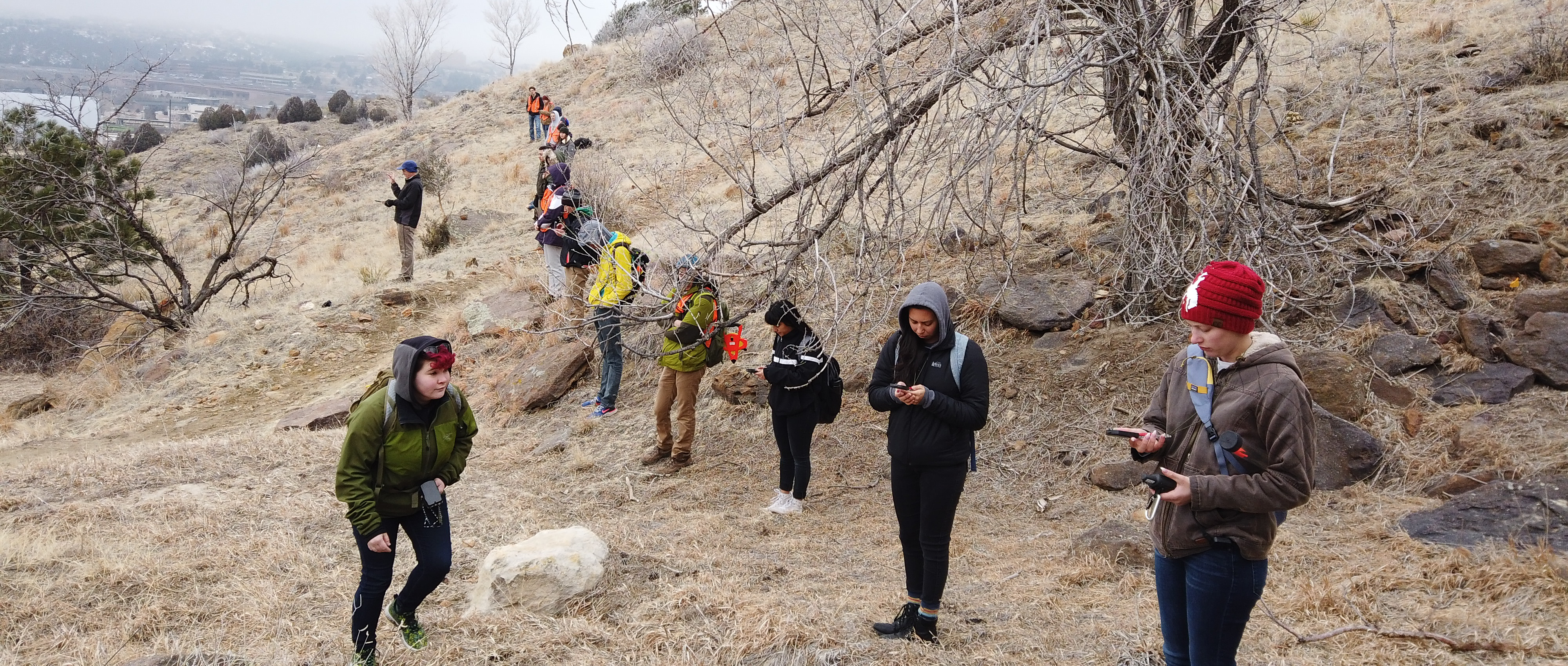 ALT TEXT: A class stands on a mountain ridge in a line, they are using handheld devices to observe and collect data.