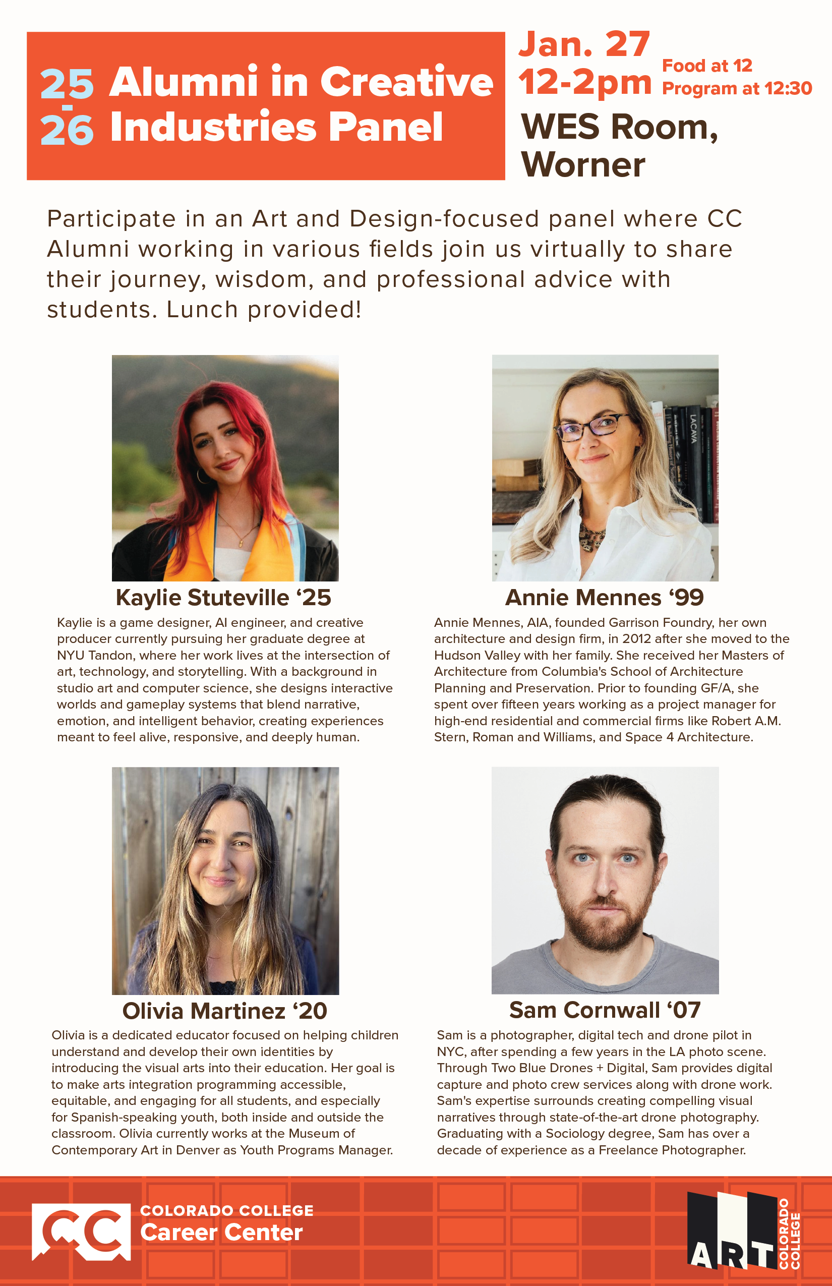 25-25 alumni panel poster with four photographs of alum and bios