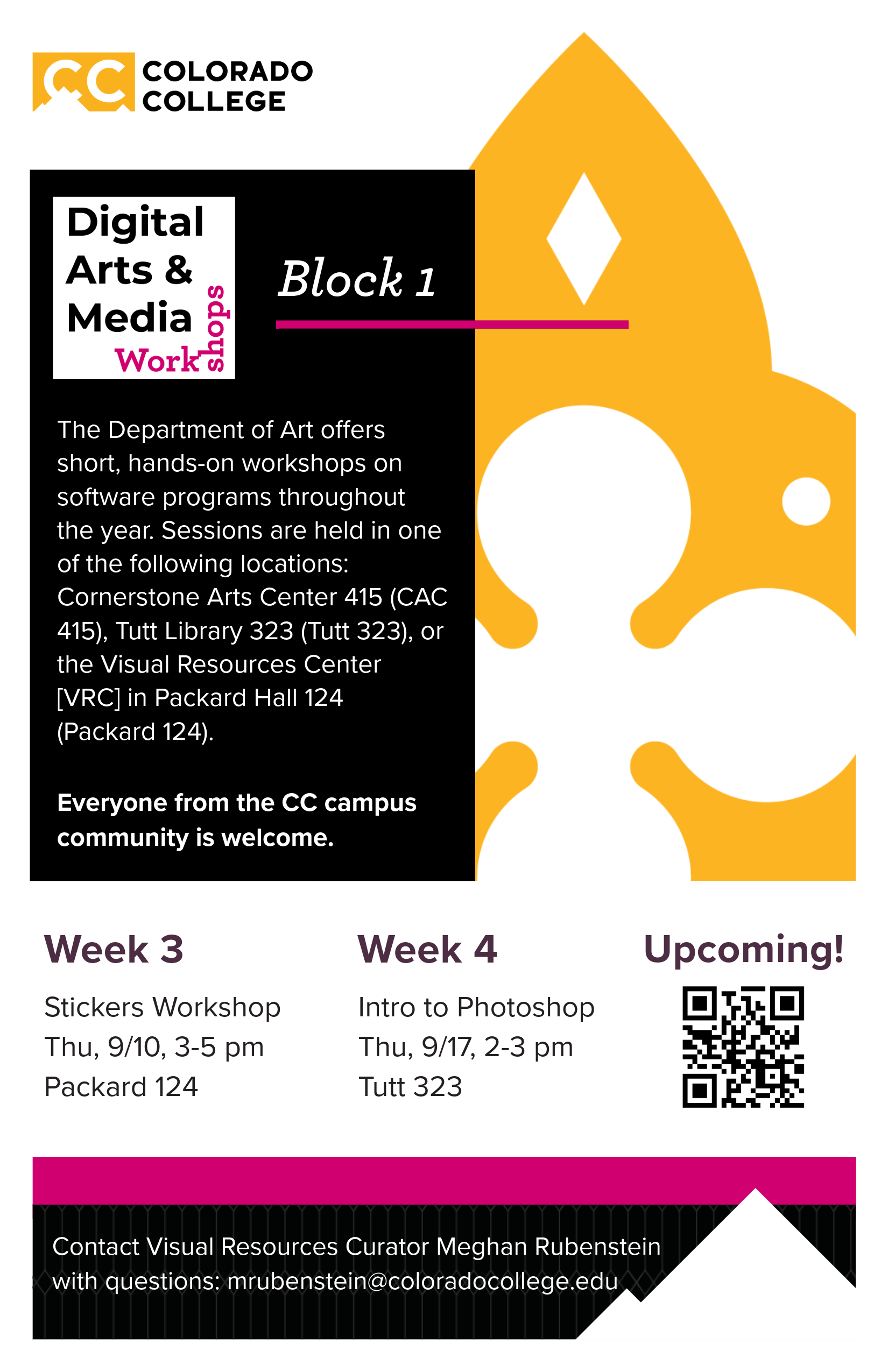 Block 1 Digital Arts and Media Workshops poster with schedule