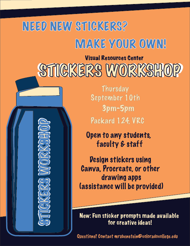 Poster with hand-drawn blue water bottle advertising the stickers workshop