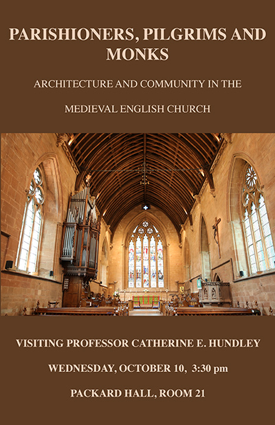 Brown poster with church interior photo in center