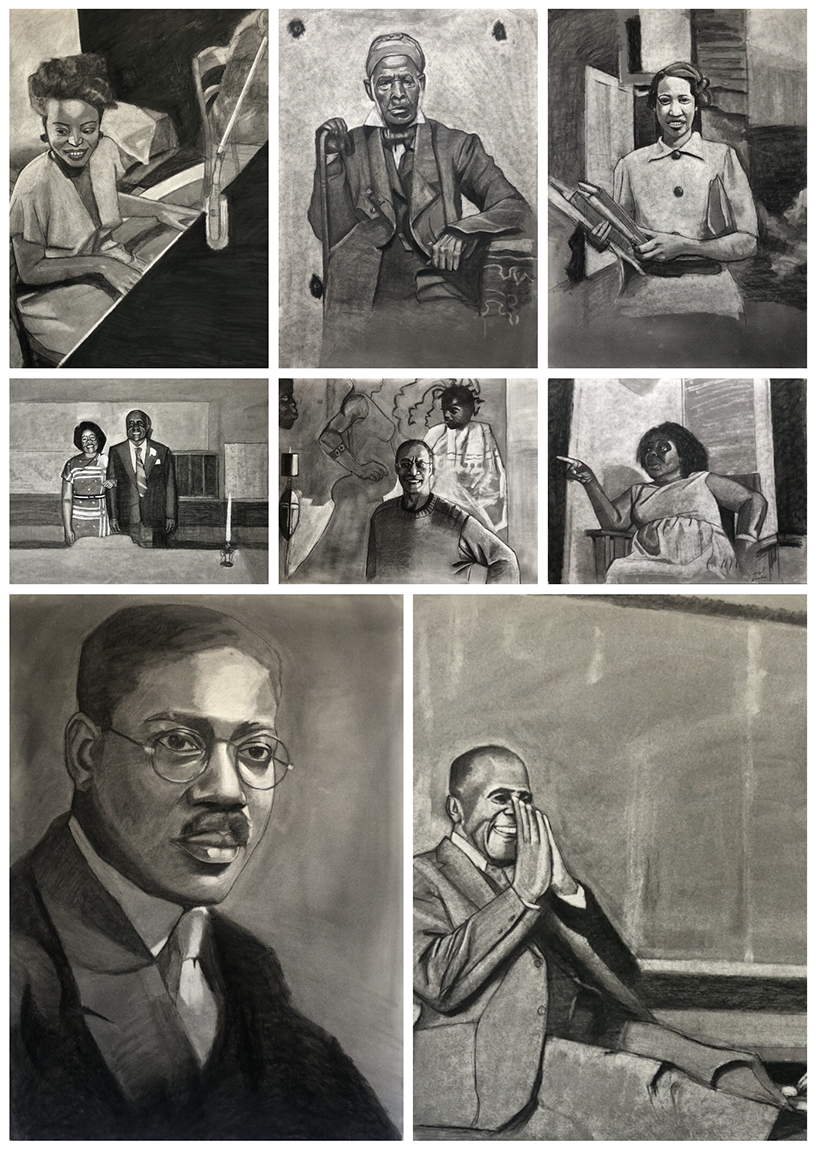series of charcoal portrait drawings