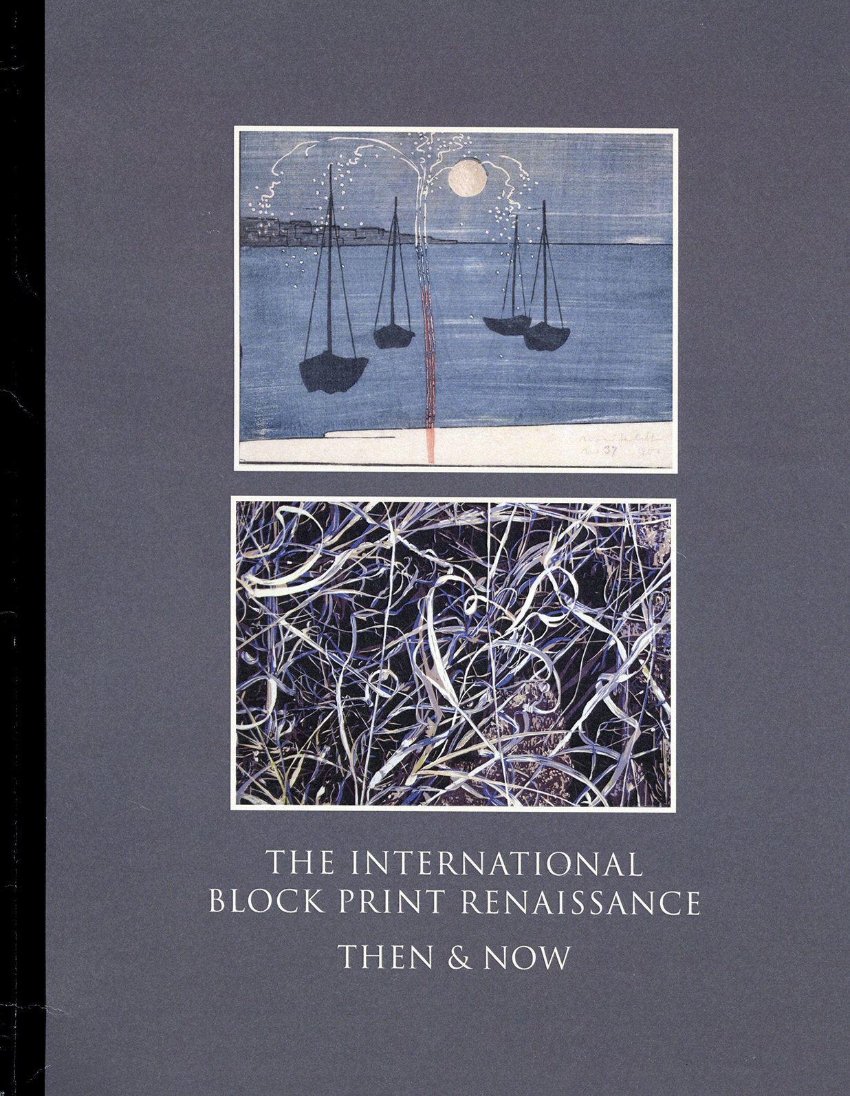 gray book cover with title of exhibition and two prints
