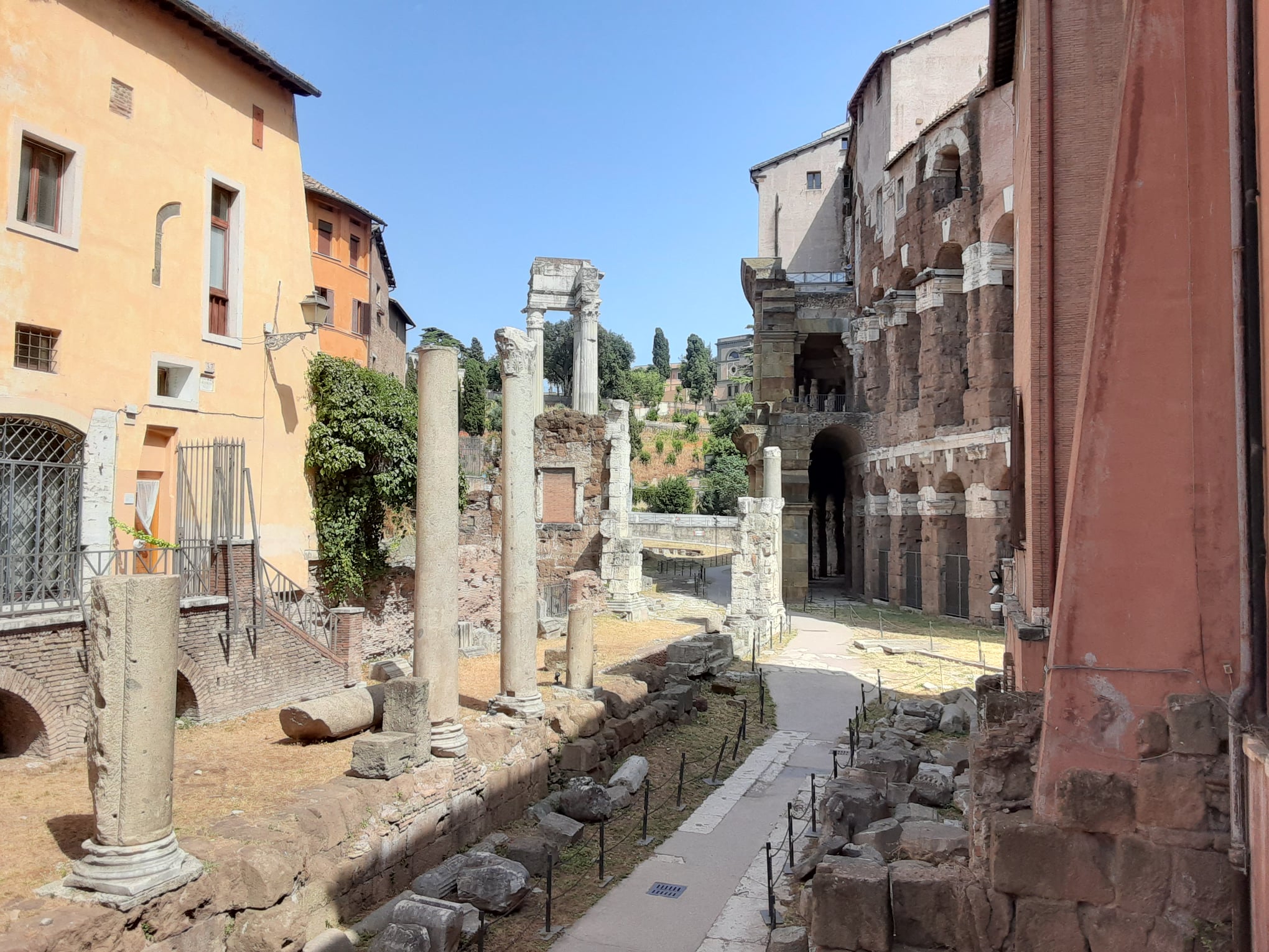 Portico of Octavia area. Theater of Marcellus on the right, Temples of Apollo Sosianus and Bellona in the distance on the left. <span class="cc-gallery-credit">[Sanjaya Thakur]</span>