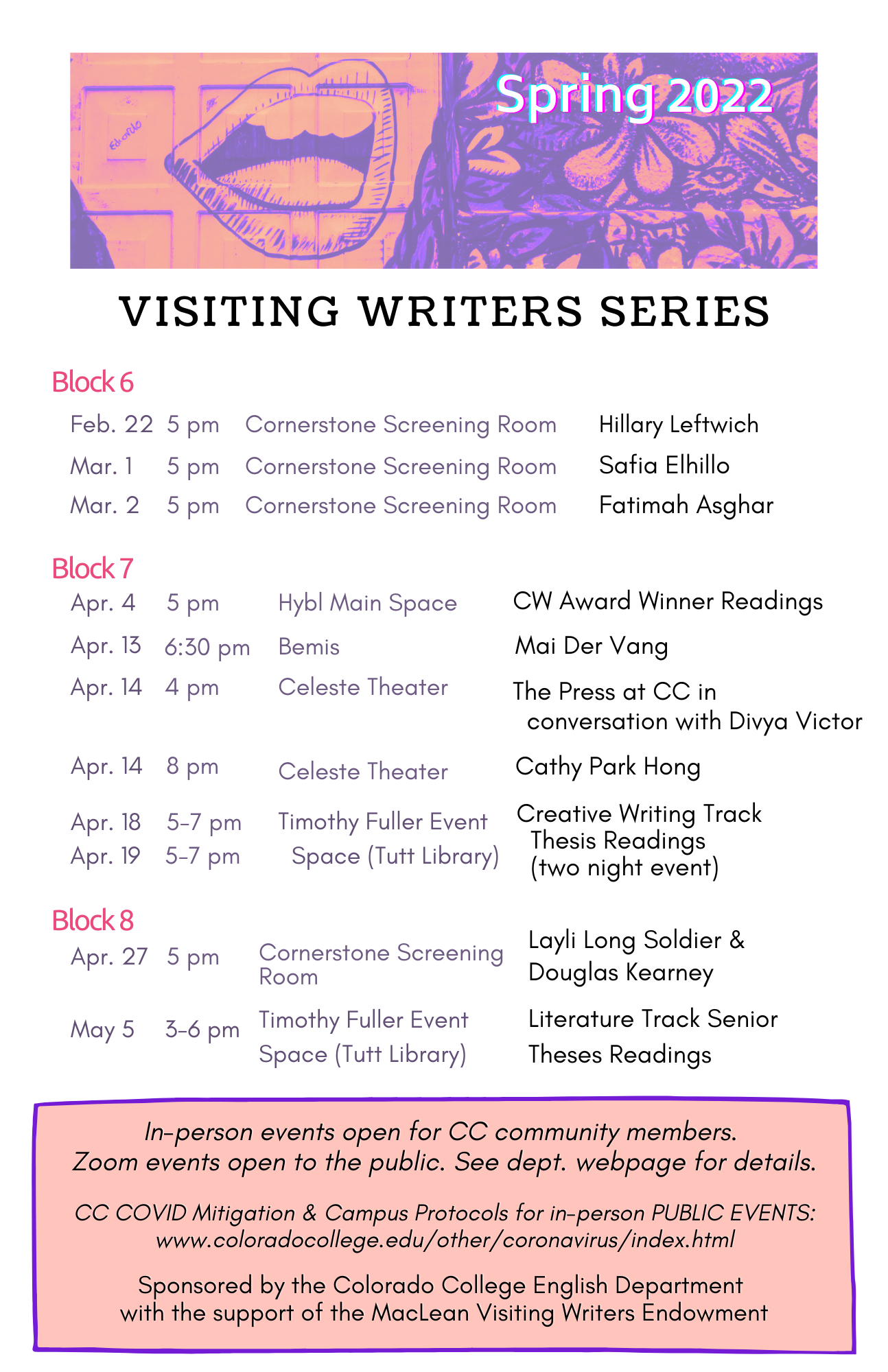 Emerson College Spring 2022 Calendar Visiting Writers Series - Colorado College