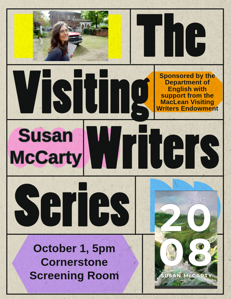 Susan McCarty and a photo of her book cover 