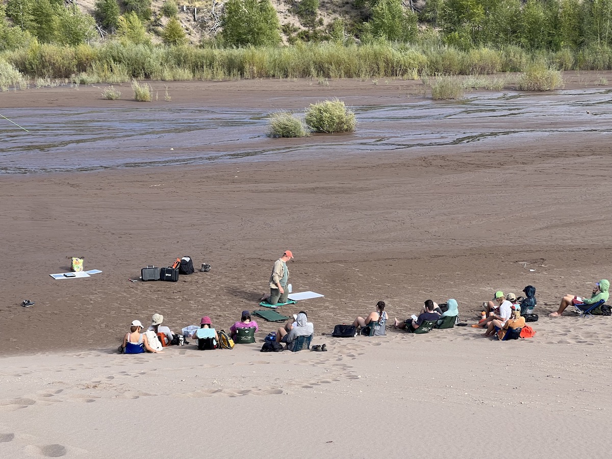 Class of students sitting on sand with a stream behind them studying a riparian zone