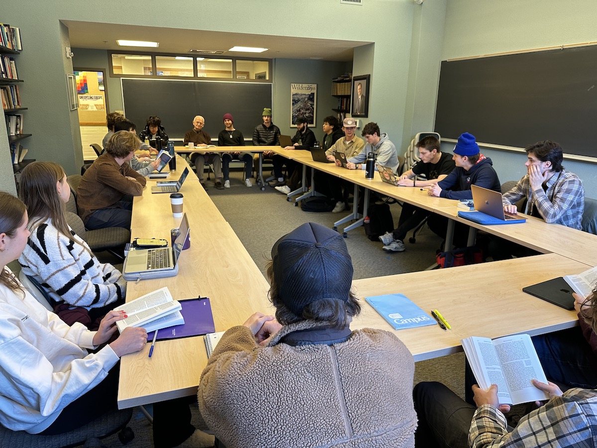 college political science classroom with the tables organized facing each other