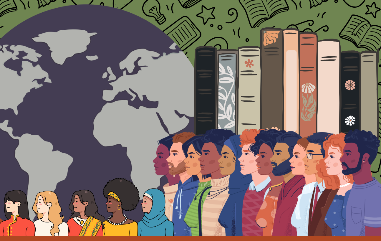 Digital collage including image of the globe, image of books on a shelf, and clip art images of 16 different people of varying ethnicities, races, and genders
