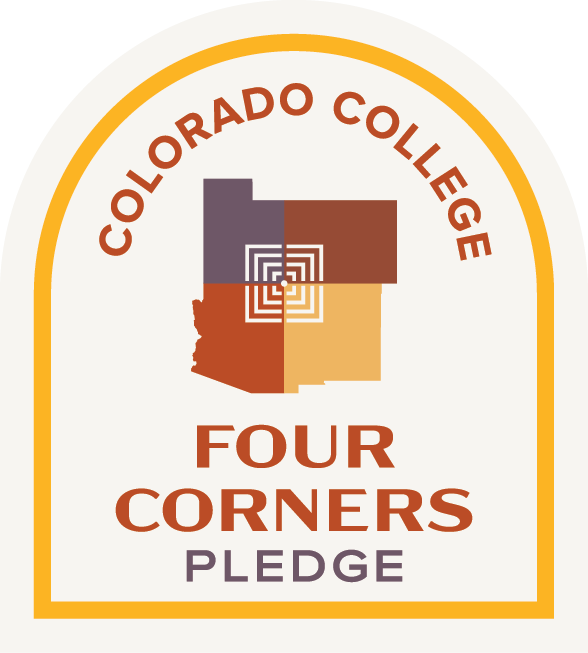 graphic showing AZ, NM, CO, and UT in a badge that says "Colorado College" and "The Four Corners Pledge"