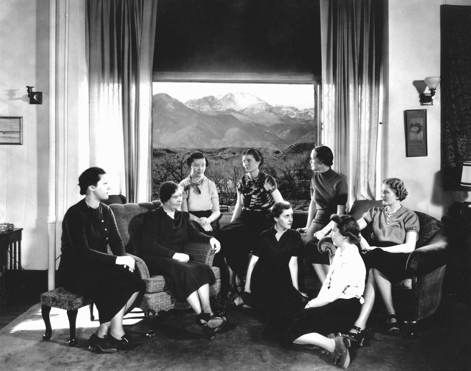 Dean of Women's Apartment, Dean Louise Fauteaux, Seated at left in Arm Chair, Circa 1940 <span class="cc-gallery-credit"></span>