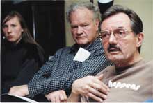 Carolyn Byrd and Bill Sulzman listen as Paul Burke of Citizens for Peace in Space makes a point about the future of the peace movement.