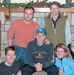 Reliving their Rocky Mountains days, a group of alumni from the class of ’96 gathered for a ski vacation in Winter Park, Colo. Pictured are, back row, from left, <strong>Clay Cooper</strong> and <strong>Blaine Olsen</strong>; front row, from left, <strong>Justin Lippard</strong>, <strong>Dave Suchman</strong>, and <strong>Shawna North Olsen</strong>.