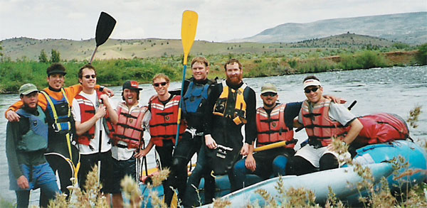 The CC contingent of the Pacific Northwest Explorers took a trip down memory lane and a raft down Chile’s Rio Bio Bio in January. The brave adventurers, from left: <strong>Brad Jaeckel ’94</strong>, <strong>Doug Collins ’97</strong>, <strong>Mike Thacker ’96</strong>, <strong>J. Chris Hildebrand ’97</strong>, <strong>Rylan North ’94</strong>, <strong>Stephen Hicks ’94</strong>, <strong>Kevin Murphy ’94</strong>, Jamie Baley, and <strong>Shea Andersen ’95</strong>.