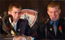 Hobey Baker Award winner <strong>Marty Sertich 06</strong>, left, and CC linemate <strong>Brett Sterling 06</strong> were the first players from the same team ever to emerge as Top Three finalists for the coveted trophy in the same season.
