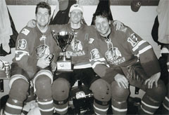 Last spring, <strong>Doug Kirton 90</strong> (from left), <strong>Brian Bruininks 92</strong>, and <strong>Gord Whitaker 87</strong> played hockey together in the U.S. Senior Mens National Hockey Tournament in Fond du Lac, Wis. The three live in Seattle and play/coach together when they are not chasing their kids around. Gord scored the game-winning goal and led the team in scoring.