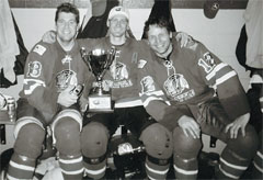Last spring, <strong>Doug Kirton ’90</strong> (from left), <strong>Brian Bruininks ’92</strong>, and <strong>Gord Whitaker ’87</strong> played hockey together in the U.S. Senior Men’s National Hockey Tournament in Fond du Lac, Wis. The three live in Seattle and play/coach together when they are not chasing their kids around. Gord scored the game-winning goal and led the team in scoring.