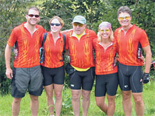 Five CC alumni participated in an October fund-raising trip to Costa Rica for the Webb Waring Institute for Cancer, Aging, and Antioxidant Research. They hiked, biked, and rafted 170 miles from the country's Pacific coast across the continental divide to the Atlantic. From left, <strong>Buck Blessing ’85</strong>, <strong>Denise Calkins ’88</strong>, <strong>Tom Hilb ’60</strong>, <strong>Anne Hanson ’85</strong>, and <strong>Gregg Marshall ’69</strong>.