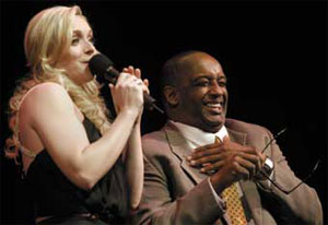 Jane Krakowski sings My Handy Man to Dean of Students Mike Edmonds at the Cornerstone Arts Week keystone event concert/lecture, Better When It's Banned, Feb. 9.