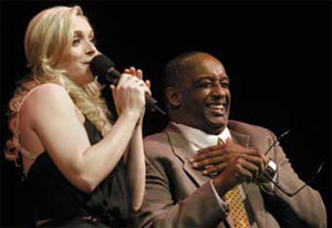 Jane Krakowski sings “My Handy Man” to Dean of Students Mike Edmonds at the Cornerstone Arts Week keystone event concert/lecture, “Better When It's Banned,” Feb. 9.
