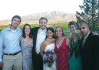 
Alumni gathered Aug. 20 at the Albuquerque, N.M, wedding of <strong>Susanne Kistin ’02 </strong>and Doug Henderson. From left, <strong>Marcio Siwi ’02, Katie Finch ’01</strong>, Doug and Susanne, <strong>Melanie Richmond ’02, Kary Miller ’02, and Mark Menaldo ’01</strong>. The couple lives in New York City, where Susanne is working on her M.S. in nurse-midwifery and women’s health at Columbia University.
		