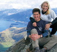 
<strong>John Carron ’89 </strong>and <strong>Traci Telander ’87 </strong>celebrated their 10th anniversary by visiting their “old stomping grounds” in New Zealand. Highlights included the Arthur’s Pass Youth Hostel, where they met in 1988, tramping, and fly fishing. The photo was taken on top of the Remarkables looking down at Queenstown.
		