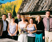 
September 2005 featured a familiar fall-in-Colorado tableau: a quaint log cabin, clear blue skies, aspens aglow, and a group of CC grads gathered in the mountains for a marriage in the midst of it all. <strong>Sarah Hoyt ’89 </strong>and Bill Sloan were married in Telluride, Colo. Pictured, from left, <strong>Troy Benavidez ’89, Joe Hrbek ’90, Michelle Peter Conrad ’90</strong>, Bill and Sarah, <strong>Vicki Lovato ’90, Mary Fran Paull ’89</strong>, and <strong>Andy Conrad ’90</strong>.
		