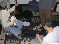 
The Stinky Strings band (<strong>Jess Arnsteen ’08</strong>, <strong>Chris Pew ’08</strong>, <strong>Alex Sable-Smith ’08</strong>) jams in the new Sacred Grounds coffee house in Shove Chapel.  