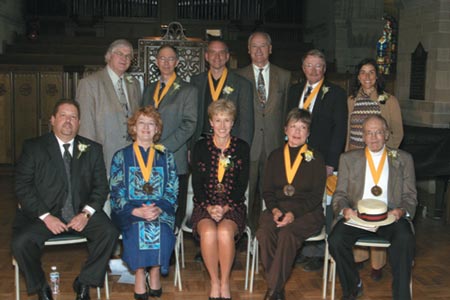 The Alumni Association Board presented seven of its top awards to faculty, staff, and alumni. The awards, named after former CC presidents, recognize outstanding achievement in ones chosen field as well as loyalty and service to Colorado College. Pictured at the ceremony are, standing, former CC President Gresham Riley, Paul L. Carson 65 (Benezet), Chaplain Bruce R. Coriell (Riley), CC President Richard F. Celeste, Professor Emeritus James H. Enderson (Riley), and AAB President Dorothy Pacheco Nichols 87. Seated: Brad Friedman 82, chair of the AABs nominating committee; Maude Southwell Wahlman 69 (Benezet); Laura G. Marvin 80 (Worner); Marlyn Burch (Riley); Professor Emeritus Neale R. Reinitz (Riley). To read more about these outstanding honorees, visit the alumni Web site and click on Alumni Association Board.