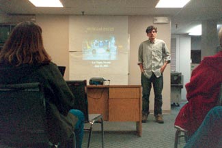 Tim Sheehan ’06 introduces Detective Terry Curry to a group of Court-Appointed Special Advocates (CASA), the organization for which he interned. Sheehan arranged for Curry, an undercover narcotics detective, to teach CASA volunteers to identify possible methamphetamine labs in homes they visit while preparing to advocate for children caught up in the court system. Sheehan organized the seminar after surveying CASA volunteers and learning they wanted to know about the effects and signs of methamphetamine use and manufacture.