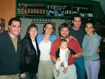 <strong>Christa Placzek ’97</strong> and <strong>Nathan English ’96</strong> introduced their baby, Alden Mathew, to Thai food and CC friends while enjoying dinner in Pasadena, Calif. From left, <strong>Josh Cohn ’94, Mary Kocman ’96</strong>, Christa, Nathan, Alden, <strong>Eric Punkay ’96</strong>, and <strong>Lisa Nabors ’97</strong>.