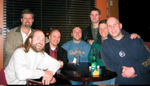 Viva Las Vegas! A mini-reunion brought CC friends to Las Vegas in December 2003. From left, <span style='font-weight: bold'>Jim Burness ’90, John Gillis ’89, Tony Mathias ’90, Mike Mishell ’90, Curt Johnsen ’90, Andy Swartz ’90</span>, and <span style='font-weight: bold'>Steve Sloan ’90</span>.