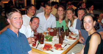 A group of mostly 1998 alumni gathered in Berkeley, Calif., for beer and pizza. From left: <strong>Toby Minear, Alexei Rudolf, Evan Wolf, Nick Bertulis, Chesney Kennedy, Heather Brown 00, Jon Kidde</strong>. At right, Sara Brown is an honorary Tiger, says Alexei.