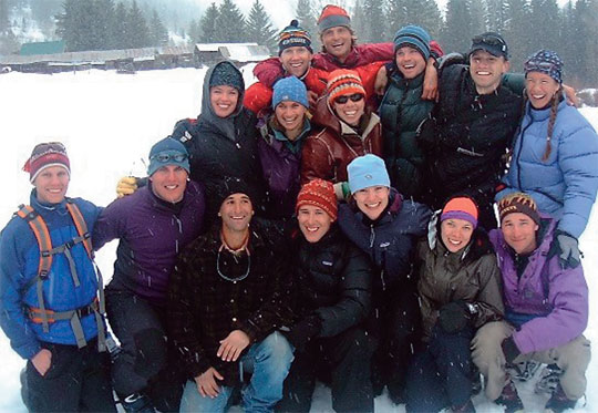 Alumni hit the slopes in March while gathered for the wedding of <strong>Steph Goehrig 01</strong> and <strong>Seth Kassels 01 </strong>in Carbondale, Colo. Back row from left, <strong>Jeb Foster 01</strong>, <strong>Karl Thompson 01</strong>, <strong>Ryan Pleune 00</strong>, <strong>Scott Bryan 01</strong>, <strong>Jamie Gibbs 00</strong>. Middle row from left, Mariah Raymond, <strong>Amanda Laban 01</strong>, <strong>Molly Higginbottom 01</strong>. Front row from left, <strong>Matt Lebsock 02</strong>, <strong>Matt Dayno 02</strong>, <strong>Andrew Hersh 02</strong>, <strong>John Novembre 00</strong>, <strong>Maren Elliott 01</strong>, <strong>Melinda Swenson 01</strong>, and <strong>Sam Newbury 02</strong>.