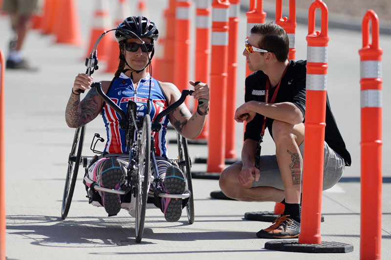 Army Staff Sgt. Monica Martinez awaits the starting call for her victory ride in the women’s hand cycle event during the Army Trials for the 2015 Department of Defense Warrior Games March 29, 2015 at Fort Bliss in El Paso, Texas. (DoD News photo by EJ Hersom)
